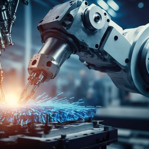 Ein Roboterarm arbeitet an einer Stahlformenden Maschine. Im Hintergrund sind menschliche Hände zu sehen. Das Bild wurde mit KI generiert.